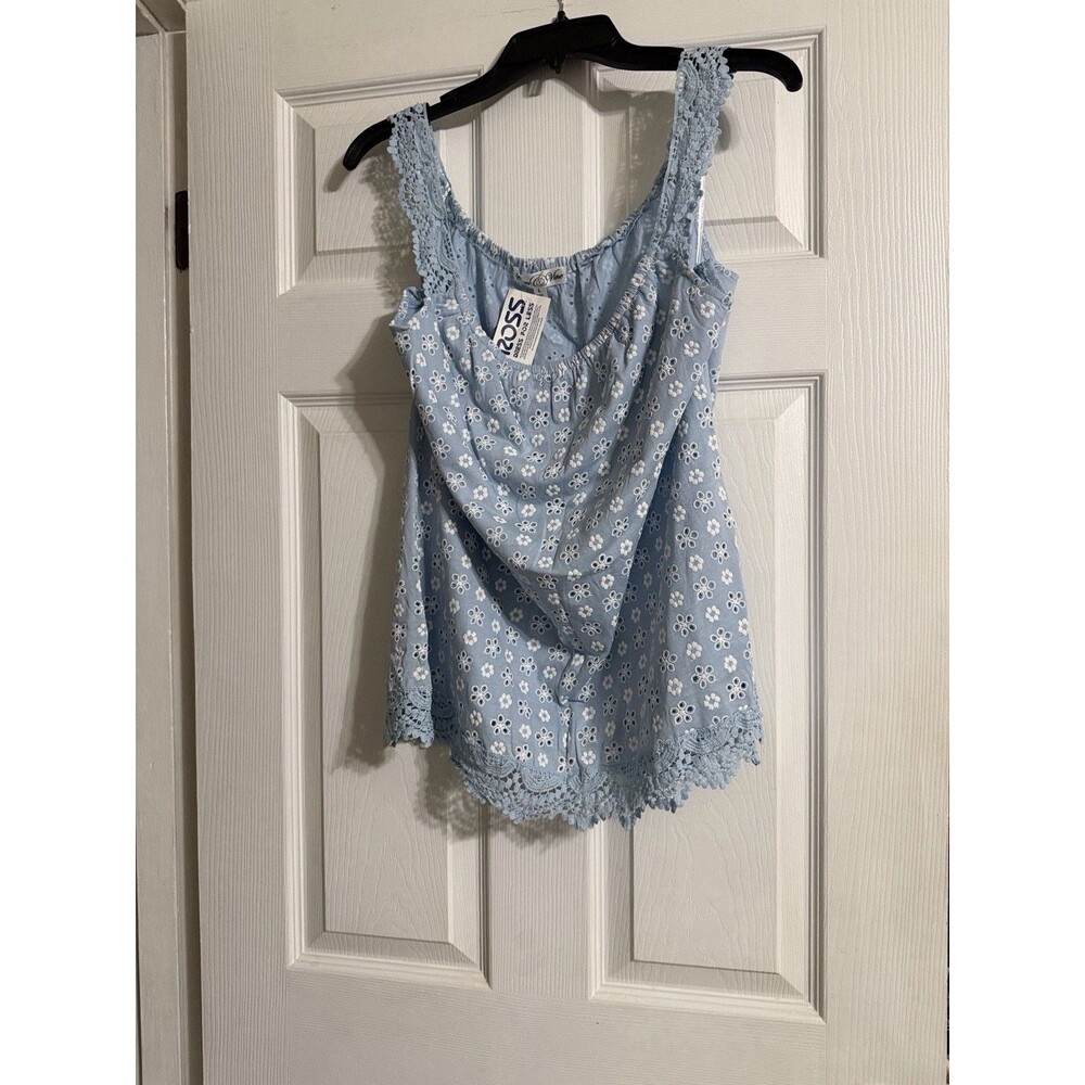 Vine Women’s Blouse Size L Blue White Floral Eyelet Lace Trim Sleeveless N